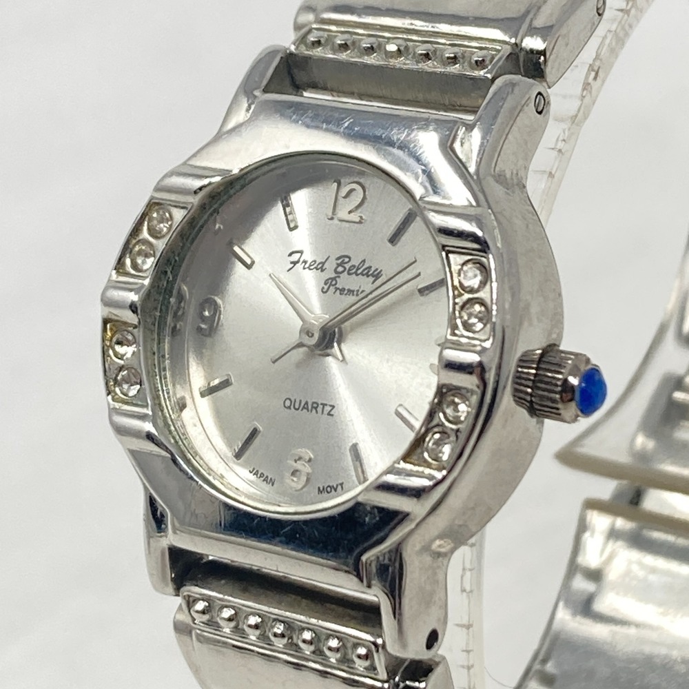 Fred Belay Women Watch 25mm Silver Tone Crystals Bling Blue Crown New Battery 7"